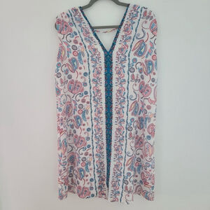 LOFT White Midi Dress with Blue and Pink Paisley Trim